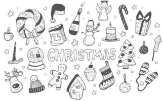 Set of Christmas design element in doodle style. Vector line icons