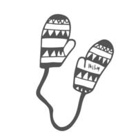 Winter mittens on a rope in the doodle style. Vector illustration isolated on a white background. Perfect for a postcard, sticker, coloring book or as a label for a knitted product