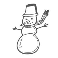 Christmas cute snowman with hat. Festive winter concept. Doodle style. Vector illustration on isolated background. For printing on fabric, postcards, web.