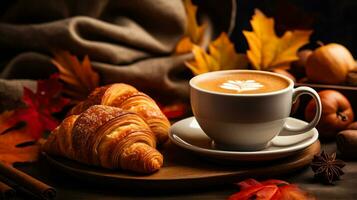 un calentar taza de calabaza especia latté rodeado por recién horneado manzana y canela pasteles conjunto en contra un fondo de vistoso que cae hojas foto