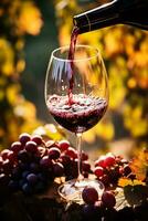 Vivid red wine pouring into a glass capturing the essence of vibrant autumn vineyards and captivating wine tasting events photo