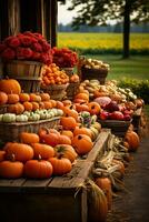 A colorful display of plump pumpkins crisp apples and vibrant produce invites visitors to indulge in autumns finest at the farmers market photo