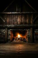A peaceful scene of a rustic cabin with a crackling fireplace background with empty space for text photo