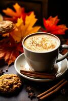 A steaming mug of pumpkin spice latte surrounded by freshly baked apple cinnamon muffins and falling autumn leaves photo