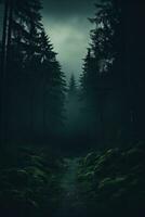 A misty forest with haunting trees shrouded in darkness background with empty space for text photo