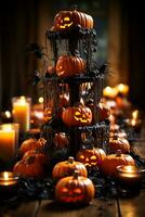 A spooky Halloween centerpiece featuring glowing jack-o-lanterns creepy spiders and eerie candles creating a spine-chilling ambiance photo