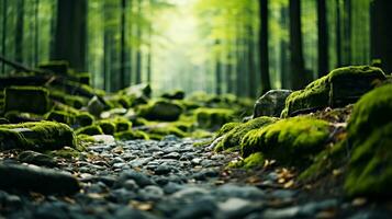 A picturesque forest scene with fallen leaves and moss-covered rocks background with empty space for text photo