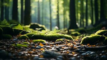 A picturesque forest scene with fallen leaves and moss-covered rocks background with empty space for text photo