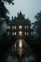 A spooky Victorian mansion with an eerie fog surrounding it background with empty space for text photo