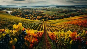 un aéreo ver de vibrante otoño viñedos con vistoso hojas y vacío espacio para vino saboreo evento detalles foto