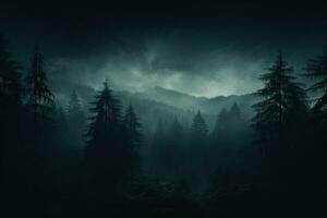 A misty forest with haunting trees shrouded in darkness background with empty space for text photo