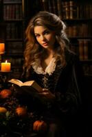 A woman sits by the fireplace sipping tea surrounded by books and autumn leaves lost in a captivating story photo