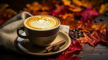 un calentar taza de calabaza especia latté rodeado por vistoso otoño hojas y un acogedor cobija foto