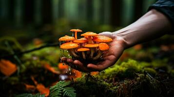 A close-up shot captures a hand holding a vibrant orange mushroom symbolizing the hidden treasures of fall forests photo