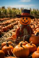 A rustic pumpkin patch adorned with vibrant orange pumpkins and a charming scarecrow welcomes visitors to an autumn celebration photo