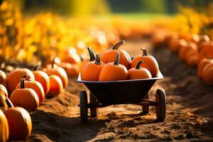 A scenic pumpkin patch with a wheelbarrow filled with colorful pumpkins background with empty space for text photo