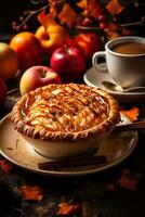 Aromatic steaming pumpkin latte and a plate of delectable caramelized apple pie on a cozy fall-themed table photo