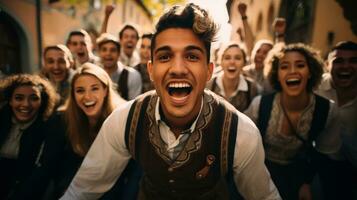 A group of cheerful individuals clad in traditional Bavarian attire raise their beer steins in celebration at a lively Octoberfest beer festival photo