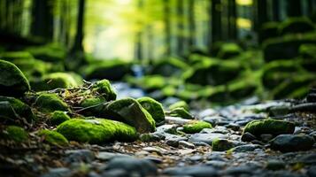A picturesque forest scene with fallen leaves and moss-covered rocks background with empty space for text photo