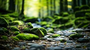 un pintoresco bosque escena con caído hojas y cubierto de musgo rocas antecedentes con vacío espacio para texto foto