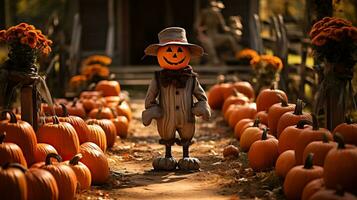 un rústico calabaza parche adornado con vibrante naranja calabazas y un encantador espantapájaros da la bienvenida visitantes a un otoño celebracion foto