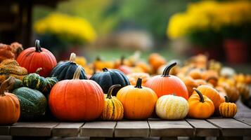 A colorful display of pumpkins apples and gourds at an autumn farmers market background with empty space for text photo