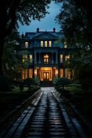 A spooky old mansion standing alone in the moonlight waiting to welcome thrill-seekers on haunted house and ghost tours photo