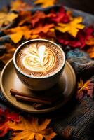 un calentar taza de calabaza especia latté rodeado por vistoso otoño hojas y un acogedor cobija foto