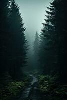 An eerie fog descends upon a dense forest creating a haunting atmosphere background with empty space for text photo