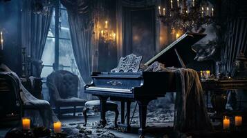 A spooky living room transformed into a haunted mansio flickering candles cobwebs and a ghostly draped piano photo