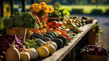 An inviting autumn farmers market showcasing a bountiful array of fresh produce with a backdrop perfect for adding informational text photo