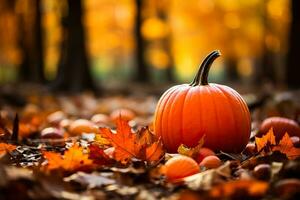 A close-up of a vibrant orange pumpkin surrounded by colorful fallen leaves symbolizing the essence of autumn harvest photo