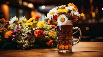 un espumoso cerveza jarra adornado con tradicional bávaro Trachten simbolizando el vibrante alegría de Oktoberfest celebraciones foto