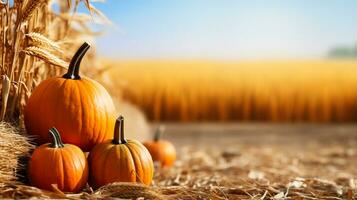 A picturesque pumpkin patch with colorful gourds and hay bales background with empty space for text photo