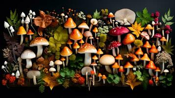 A diverse collection of freshly foraged mushrooms found in the colorful autumn forests photo