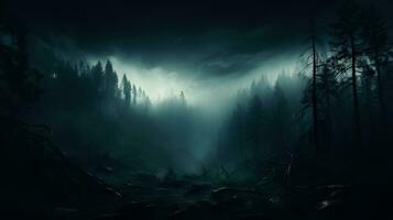 un brumoso bosque con obsesionante arboles envuelto en oscuridad antecedentes con vacío espacio para texto foto