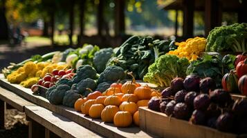 An inviting autumn farmers market showcasing a bountiful array of fresh produce with a backdrop perfect for adding informational text photo