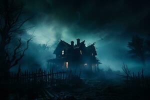 A spooky haunted house with eerie lighting and fog background with empty space for text photo