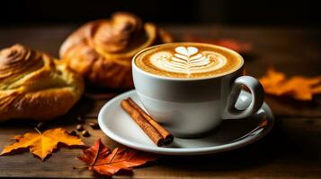 A steaming mug of pumpkin spice latte surrounded by freshly baked apple cinnamon muffins and falling autumn leaves photo