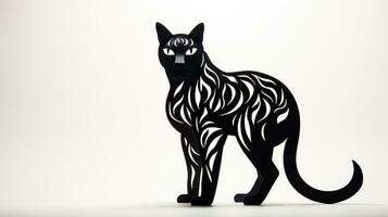 A spooky black cat silhouette made from paper cutouts casting eerie shadows against a white background photo