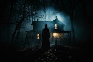 A spooky haunted house with glowing windows and a ghostly figure lurking in the shadowy corner photo