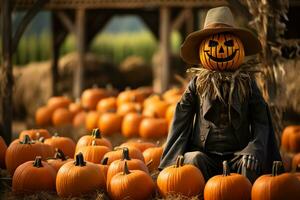 A rustic pumpkin patch adorned with vibrant orange pumpkins and a charming scarecrow welcomes visitors to an autumn celebration photo