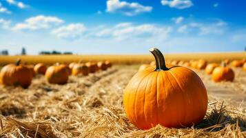 A picturesque pumpkin patch with colorful gourds and hay bales background with empty space for text photo