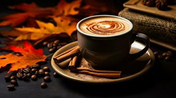 A cozy black mug filled with steaming pumpkin spice latte cinnamon sticks and fall leaves scattered around photo