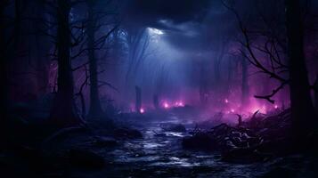 A misty forest glows with eerie purple hues conjuring an otherworldly atmosphere perfect for Halloween night photo