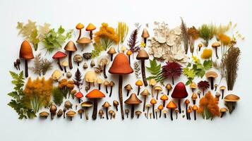 A collection of various wild mushrooms found during a scenic autumn foraging adventure showcased on a pristine white background photo