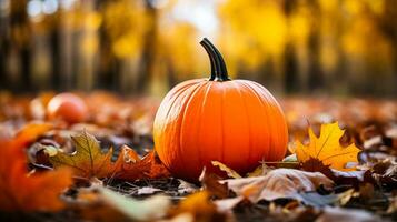 A close-up of a vibrant orange pumpkin surrounded by colorful fallen leaves symbolizing the essence of autumn harvest photo