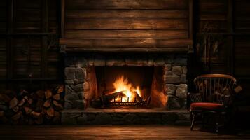 A peaceful scene of a rustic cabin with a crackling fireplace background with empty space for text photo