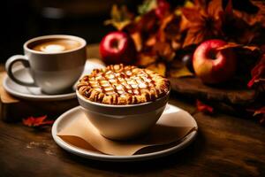 Aromatic steaming pumpkin latte and a plate of delectable caramelized apple pie on a cozy fall-themed table photo