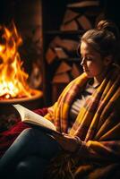 un persona sentado por el hogar envuelto en un suave cobija leyendo un libro rodeado por vistoso otoño hojas foto